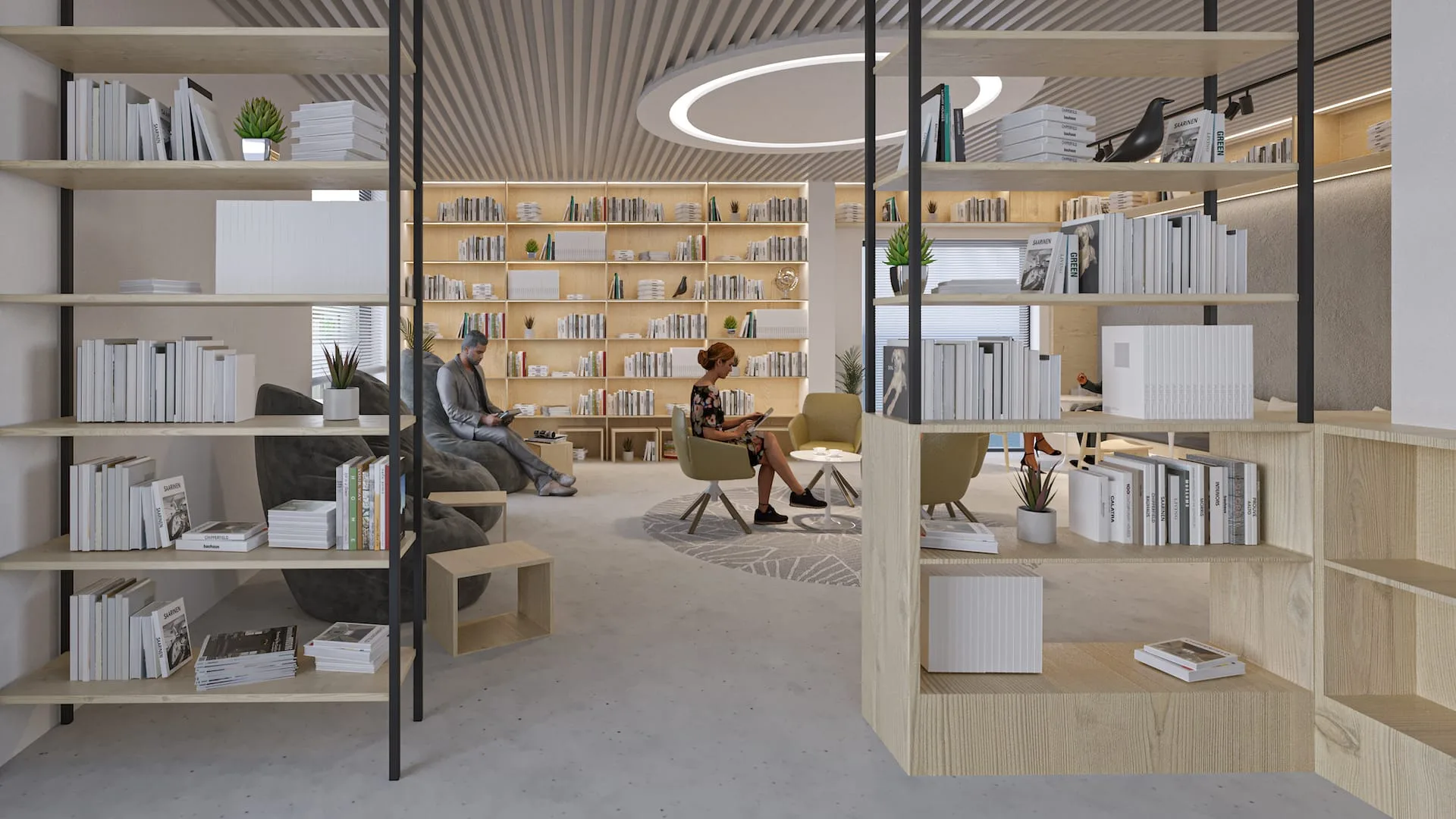 Alpcans A modern library setting with people reading on comfortable chairs surrounded by bookshelves, featuring wooden furniture, plants, and a ring-shaped ceiling light.