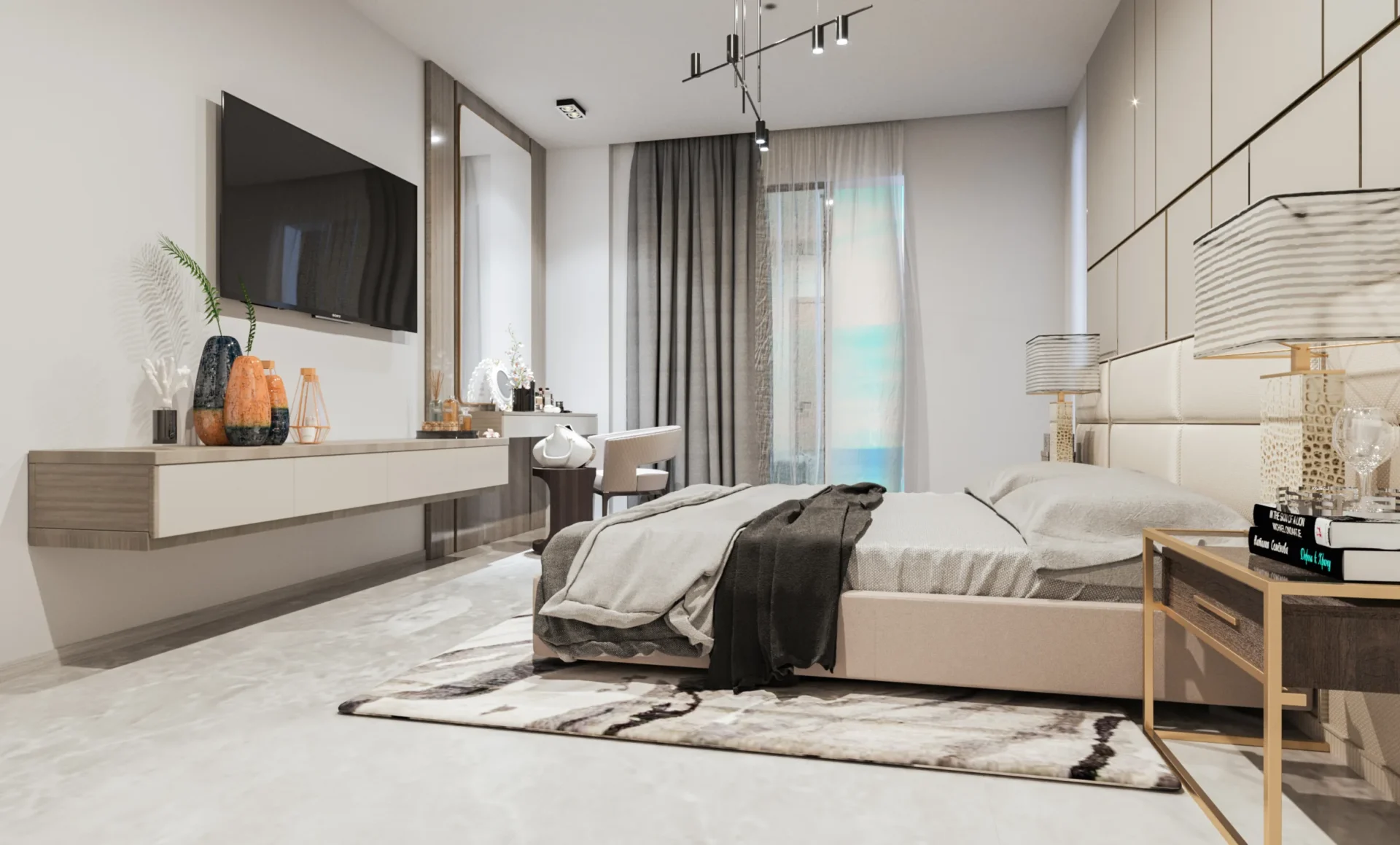 Alpcans A modern bedroom with a bed, wall-mounted TV, console table, desk, and window with curtains. Decor items like vases and books are on the console and nightstand. The room has a neutral color scheme.