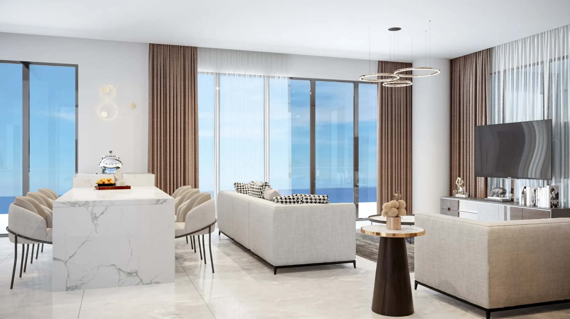 Alpcans Modern living room and dining area with large windows offering ocean views, neutral-toned furniture, a white marble dining table, and contemporary lighting fixtures.
