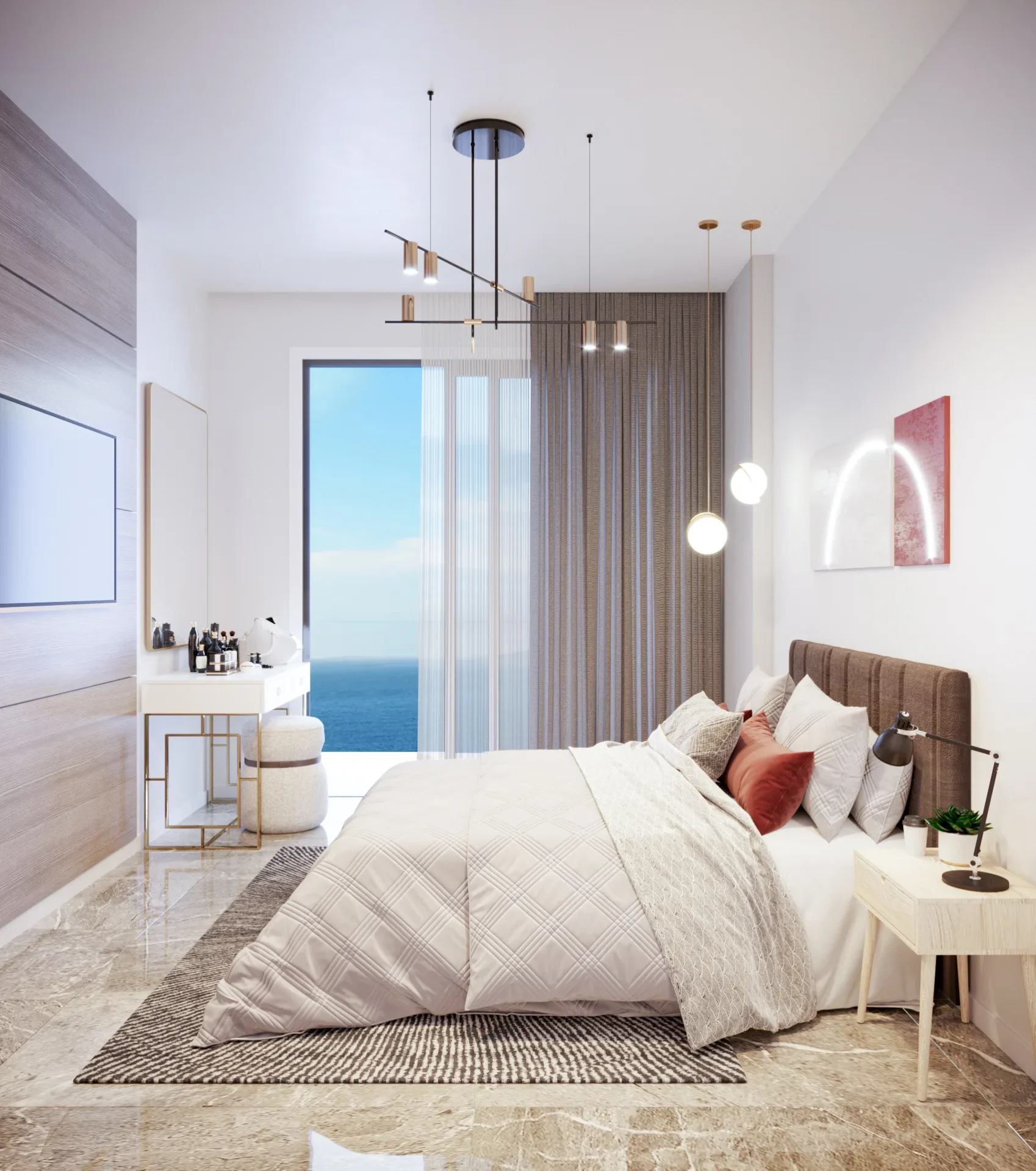 Alpcans Modern bedroom with a large bed, bedside tables, and contemporary lighting. Floor-to-ceiling window offers an ocean view with a balcony. Dressing table and flat-screen TV are also present.